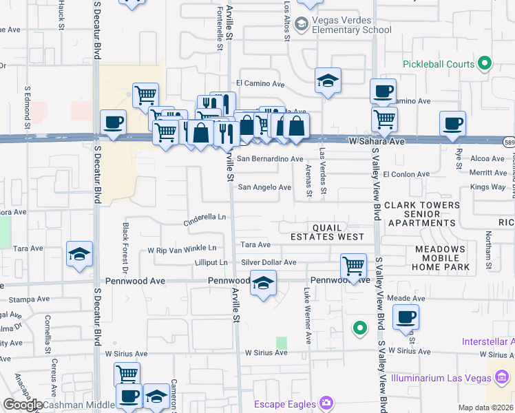 map of restaurants, bars, coffee shops, grocery stores, and more near 4309 San Joaquin Avenue in Las Vegas