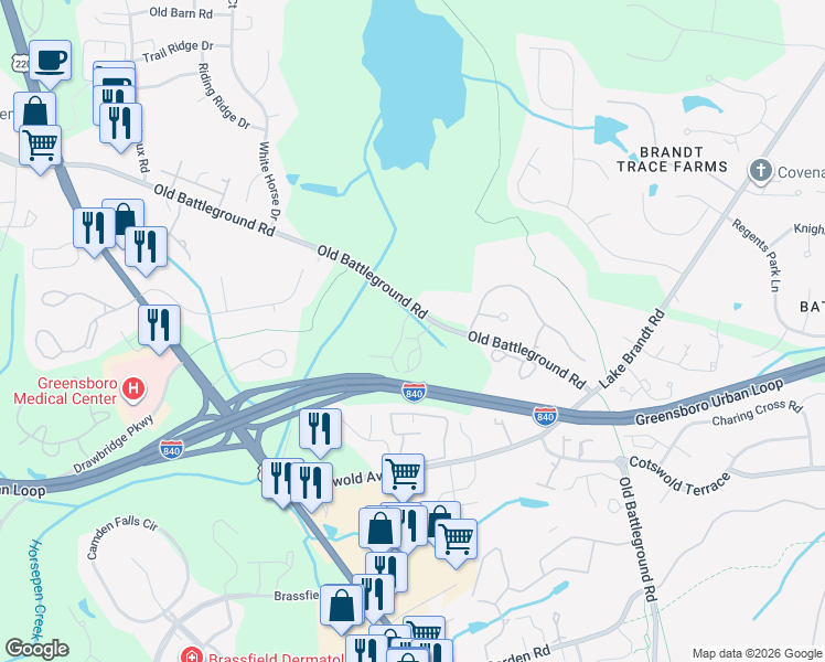 map of restaurants, bars, coffee shops, grocery stores, and more near 3000 Greystone Point in Greensboro