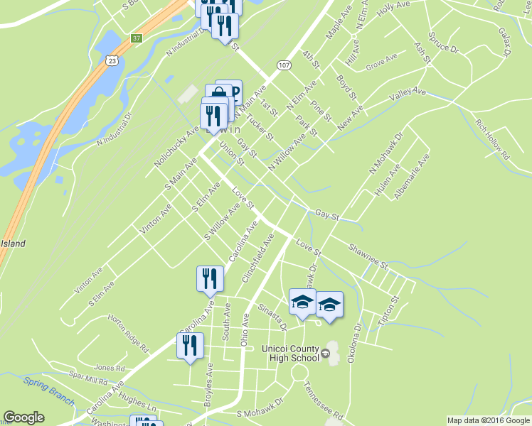 map of restaurants, bars, coffee shops, grocery stores, and more near 437 Love Street in Erwin