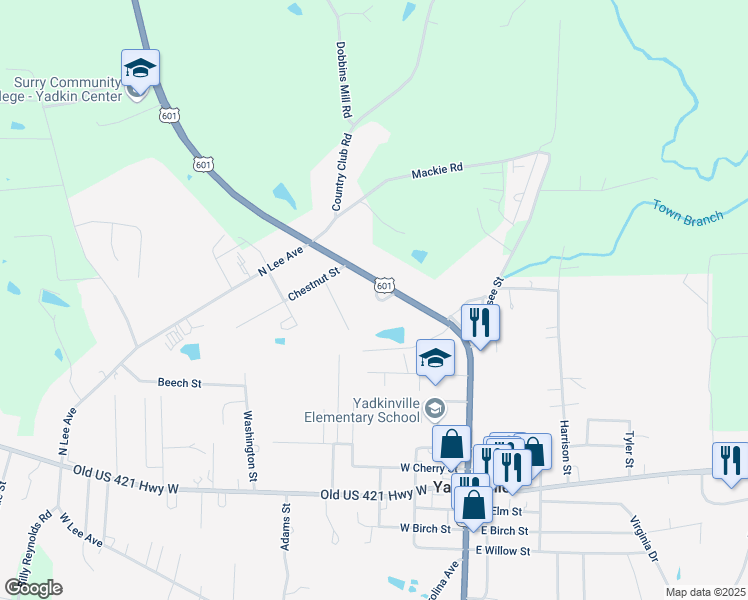 map of restaurants, bars, coffee shops, grocery stores, and more near 731 North State Street in Yadkinville