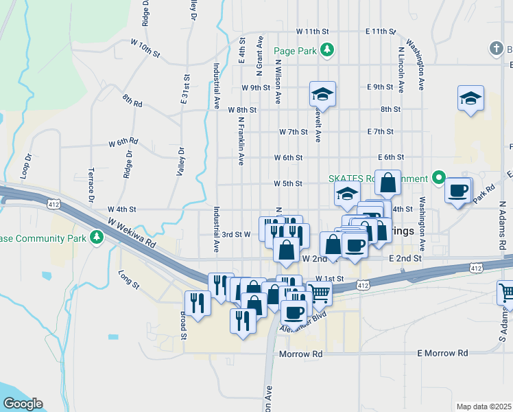 map of restaurants, bars, coffee shops, grocery stores, and more near 400 North Grant Avenue in Sand Springs