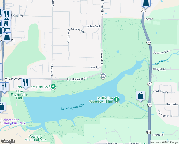 map of restaurants, bars, coffee shops, grocery stores, and more near 405 Lake Road in Springdale