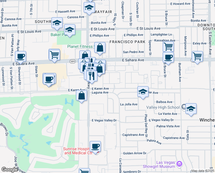 map of restaurants, bars, coffee shops, grocery stores, and more near 1500 Karen Avenue in Las Vegas
