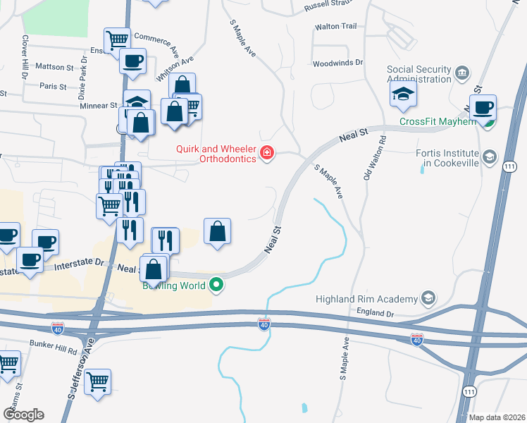 map of restaurants, bars, coffee shops, grocery stores, and more near 560 Neal Street in Cookeville