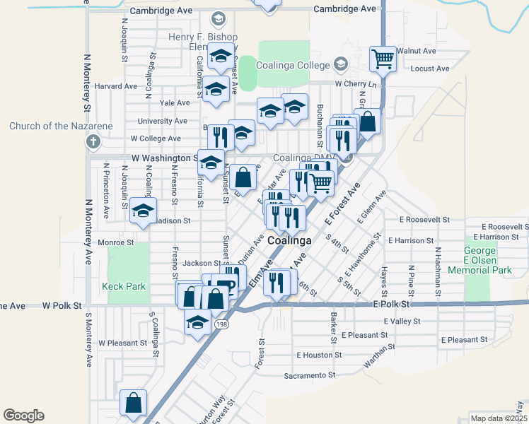 map of restaurants, bars, coffee shops, grocery stores, and more near 136-1/2 East Cedar Avenue in Coalinga