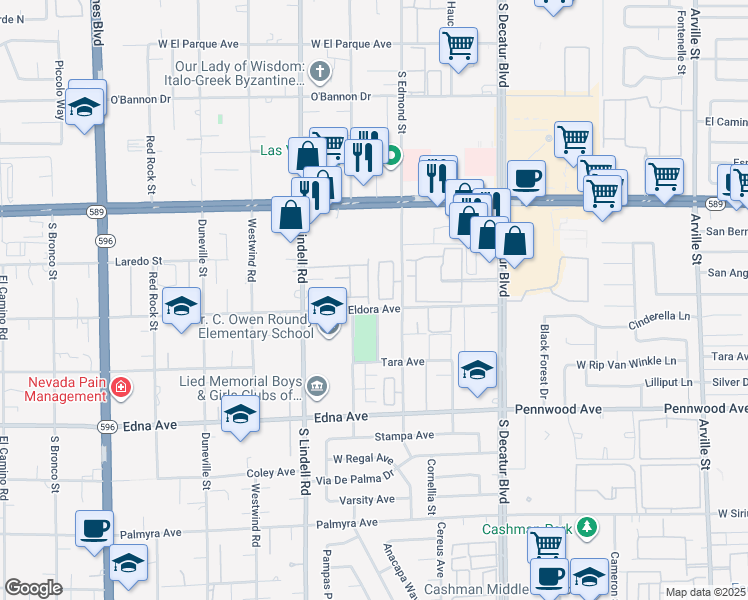 map of restaurants, bars, coffee shops, grocery stores, and more near 2690 Topaz Blue street in Las Vegas