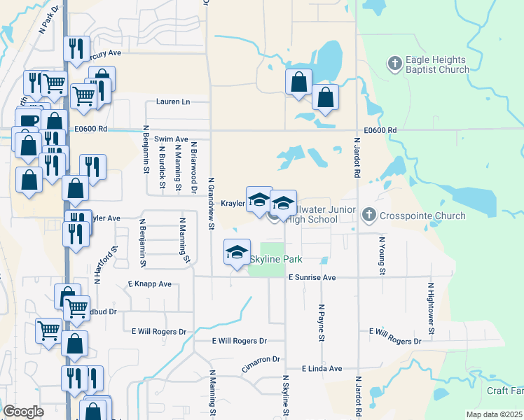 map of restaurants, bars, coffee shops, grocery stores, and more near 1900 North Skyline Street in Stillwater
