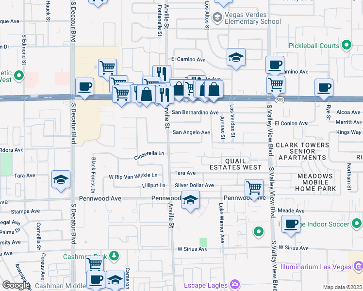 map of restaurants, bars, coffee shops, grocery stores, and more near 4309 San Joaquin Avenue in Las Vegas