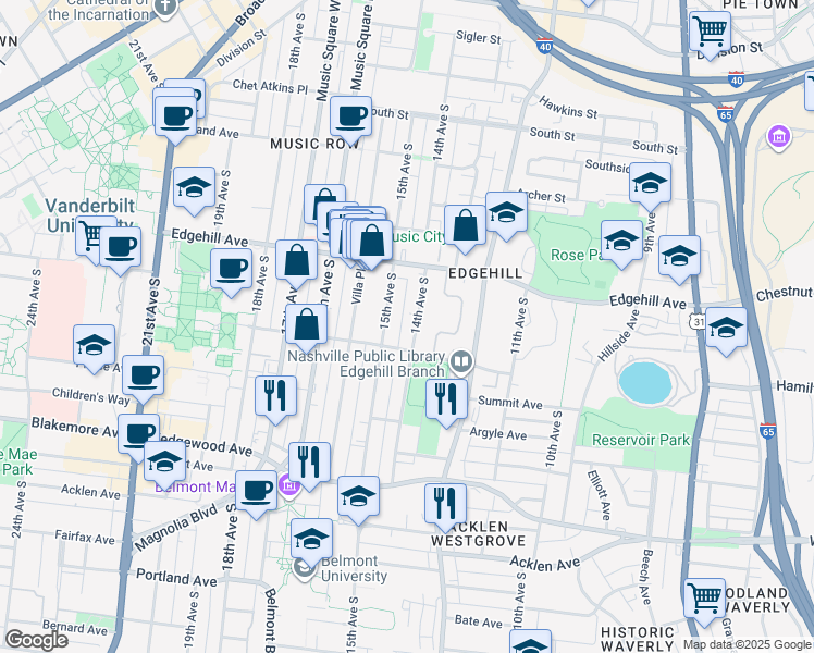 map of restaurants, bars, coffee shops, grocery stores, and more near 1301 14th Avenue South in Nashville