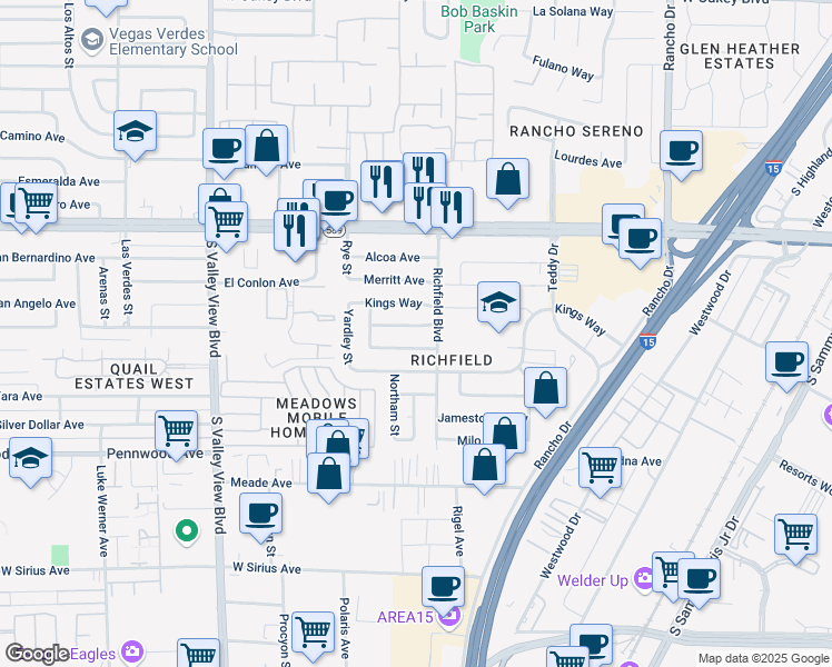 map of restaurants, bars, coffee shops, grocery stores, and more near 3013 Piedmont Avenue in Las Vegas