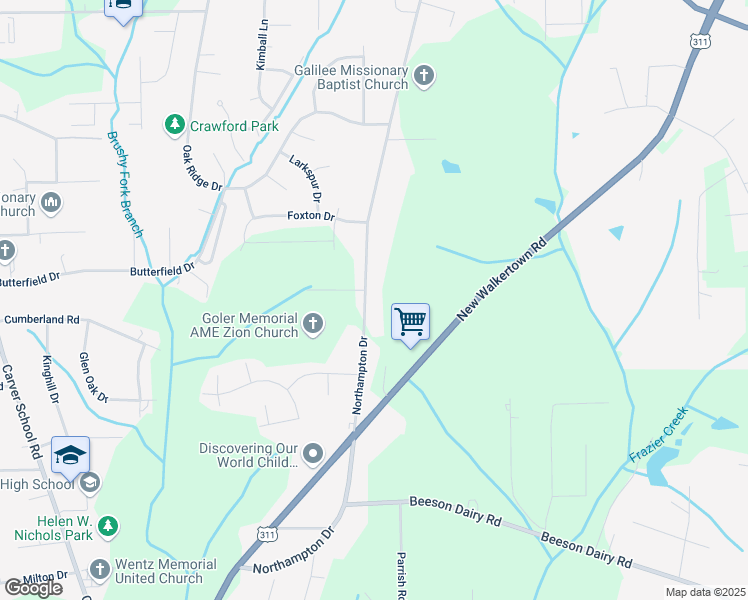map of restaurants, bars, coffee shops, grocery stores, and more near 3921 Northampton Drive in Winston-Salem