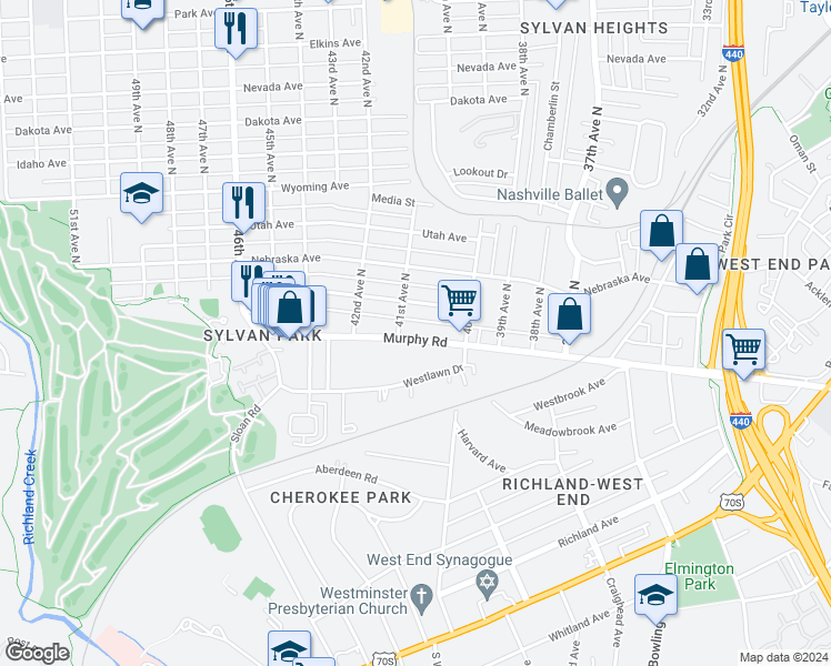 map of restaurants, bars, coffee shops, grocery stores, and more near 4020 Murphy Road in Nashville