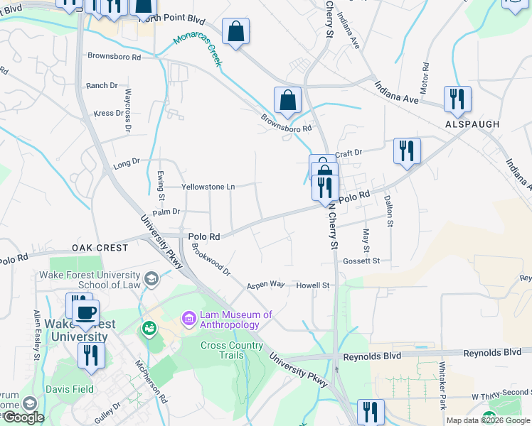 map of restaurants, bars, coffee shops, grocery stores, and more near 631 Polo Road in Winston-Salem