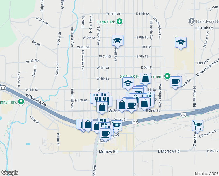 map of restaurants, bars, coffee shops, grocery stores, and more near 401 North Cleveland Avenue in Sand Springs