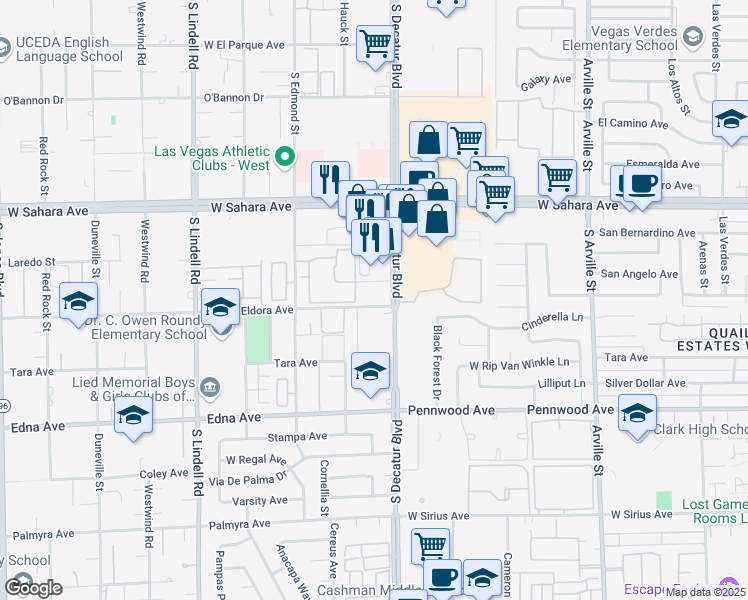 map of restaurants, bars, coffee shops, grocery stores, and more near 250 Eldora Avenue in Las Vegas