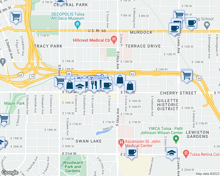 map of restaurants, bars, coffee shops, grocery stores, and more near 1439 South Troost Avenue in Tulsa