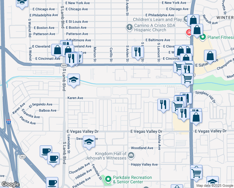 map of restaurants, bars, coffee shops, grocery stores, and more near 4550 Karen Avenue in Las Vegas