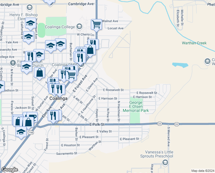 map of restaurants, bars, coffee shops, grocery stores, and more near 205 East Roosevelt Street in Coalinga