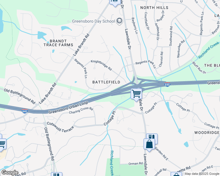 map of restaurants, bars, coffee shops, grocery stores, and more near 3317 Regents Park Lane in Greensboro