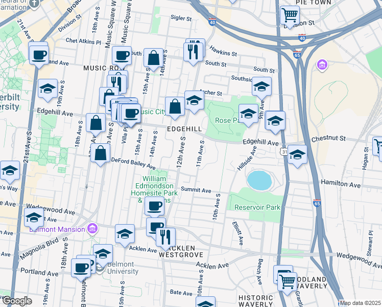 map of restaurants, bars, coffee shops, grocery stores, and more near 1101 Edgehill Avenue in Nashville