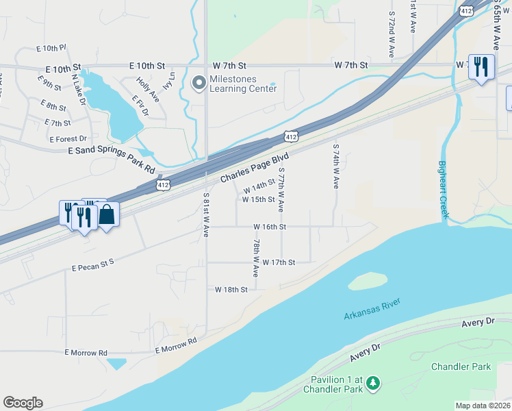 map of restaurants, bars, coffee shops, grocery stores, and more near 7754 West 15th Street in Tulsa