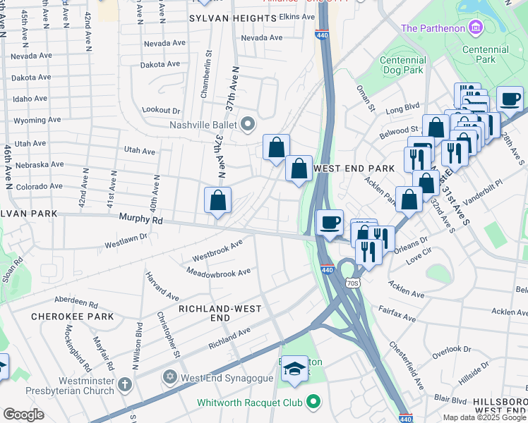 map of restaurants, bars, coffee shops, grocery stores, and more near 517A Acklen Park Drive in Nashville