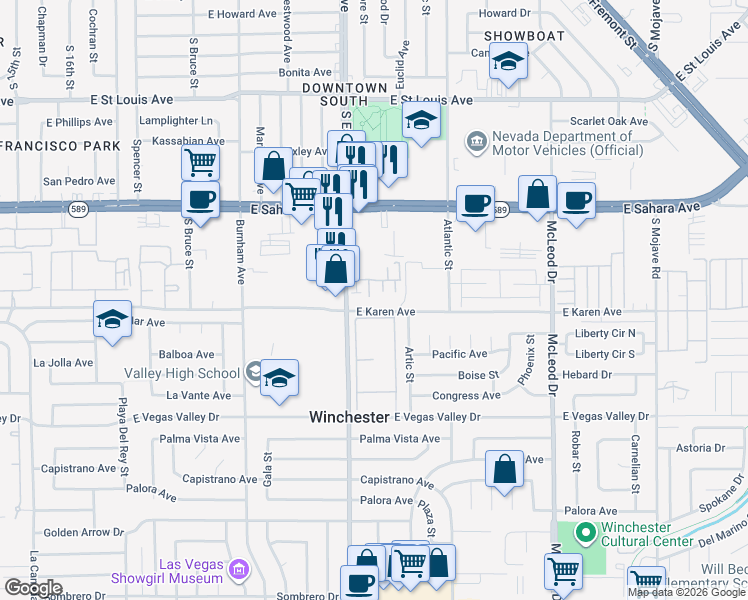 map of restaurants, bars, coffee shops, grocery stores, and more near 2476 Karen Avenue in Las Vegas