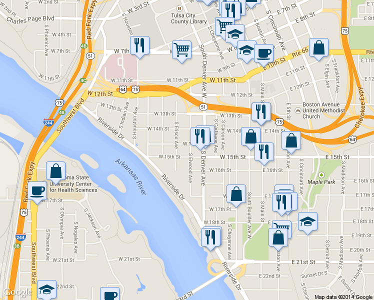 map of restaurants, bars, coffee shops, grocery stores, and more near 1440 South Elwood Avenue in Tulsa
