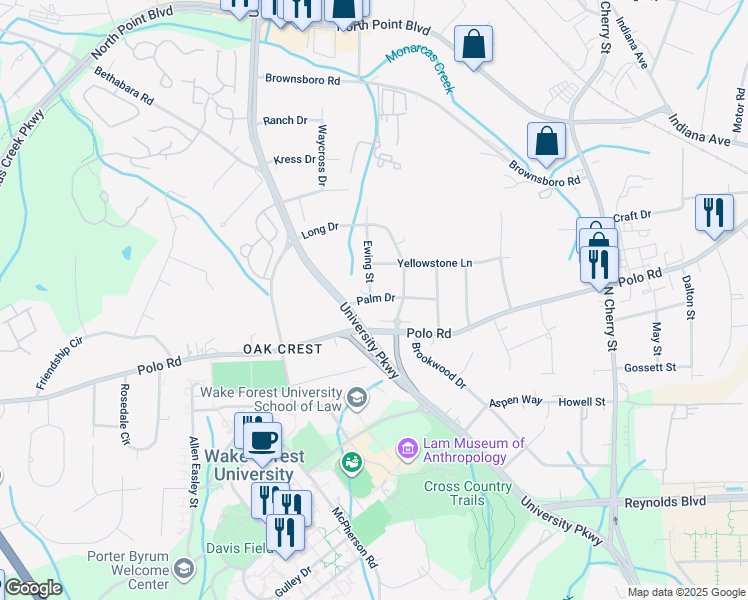 map of restaurants, bars, coffee shops, grocery stores, and more near 958 Palm Drive in Winston-Salem