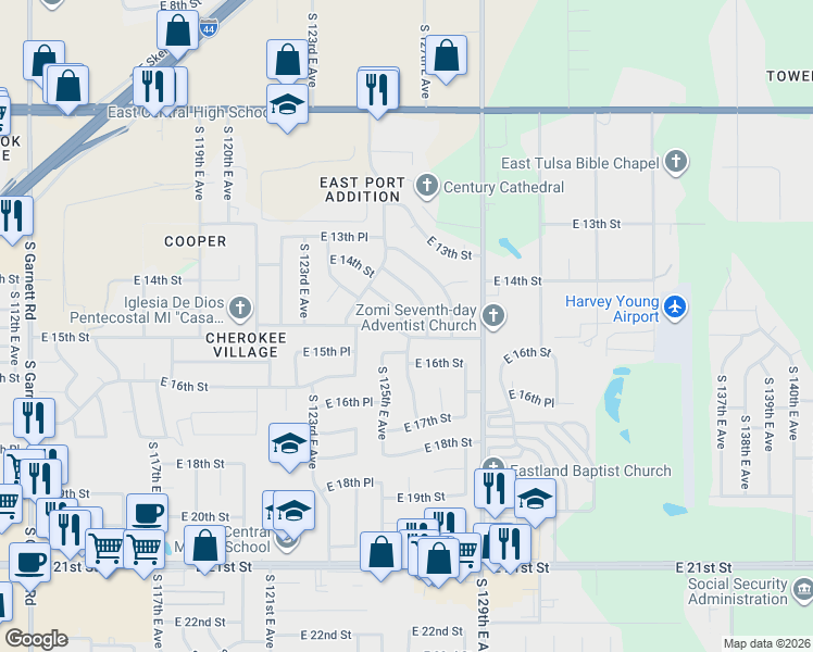 map of restaurants, bars, coffee shops, grocery stores, and more near 12443 East 14th Place in Tulsa