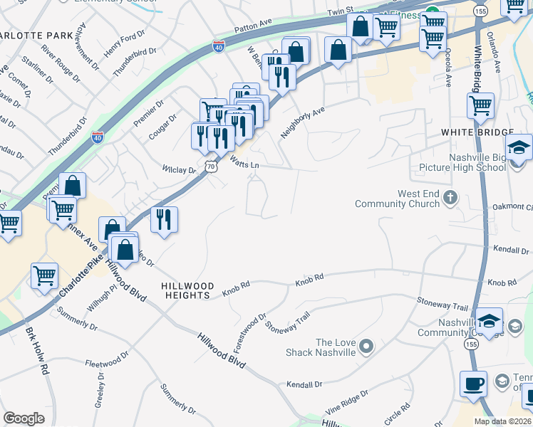 map of restaurants, bars, coffee shops, grocery stores, and more near 100-1098 Watts Cir in Nashville