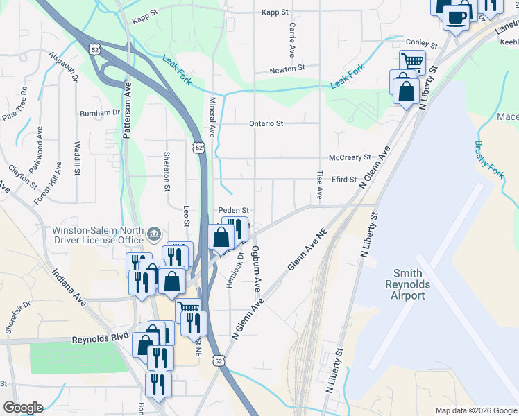 map of restaurants, bars, coffee shops, grocery stores, and more near 3828 Ogburn Avenue in Winston-Salem