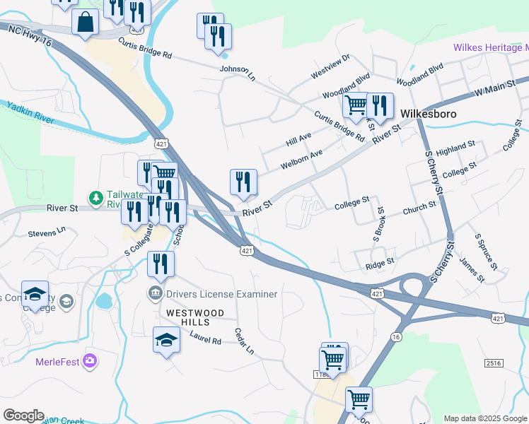 map of restaurants, bars, coffee shops, grocery stores, and more near 1029 River Street in Wilkesboro