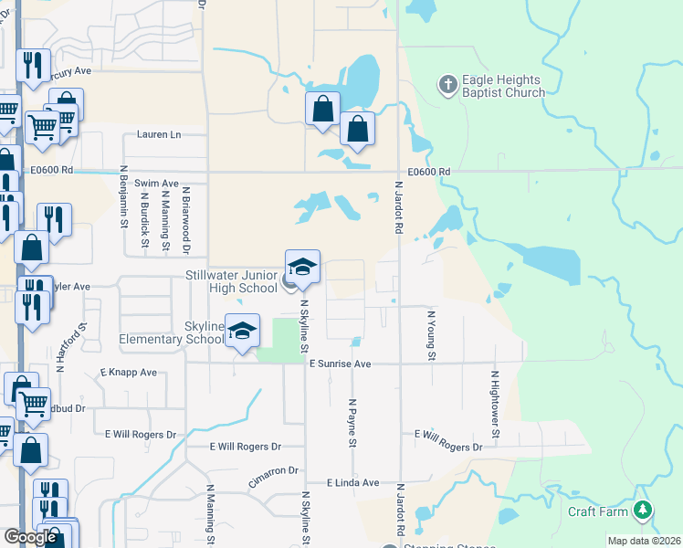 map of restaurants, bars, coffee shops, grocery stores, and more near 1917 North Skyline Street in Stillwater