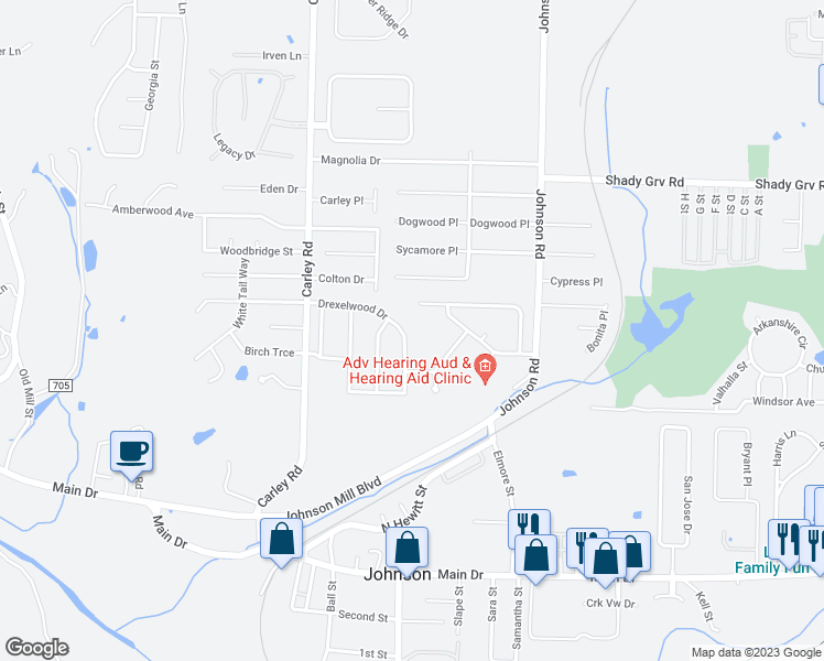map of restaurants, bars, coffee shops, grocery stores, and more near 2610 Drexelwood Drive in Springdale