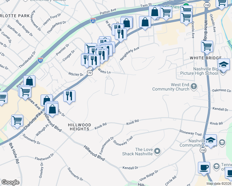 map of restaurants, bars, coffee shops, grocery stores, and more near 100-1098 Watts Cir in Nashville