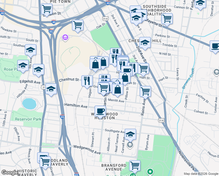 map of restaurants, bars, coffee shops, grocery stores, and more near 1234 Martin Street in Nashville
