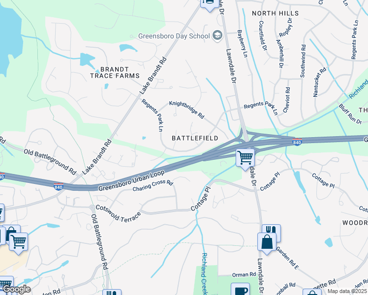 map of restaurants, bars, coffee shops, grocery stores, and more near 3406 Regents Park Lane in Greensboro