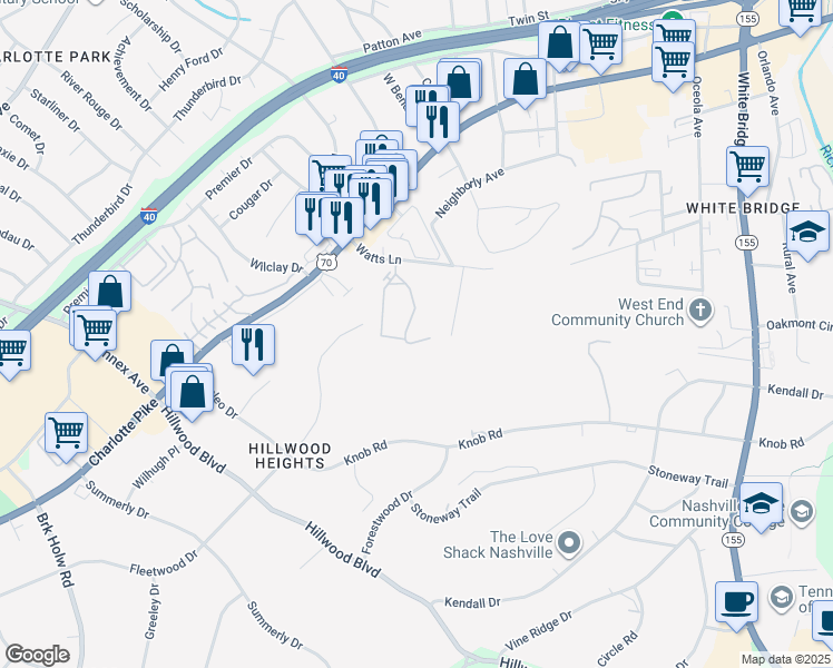 map of restaurants, bars, coffee shops, grocery stores, and more near 100-1098 Watts Cir in Nashville