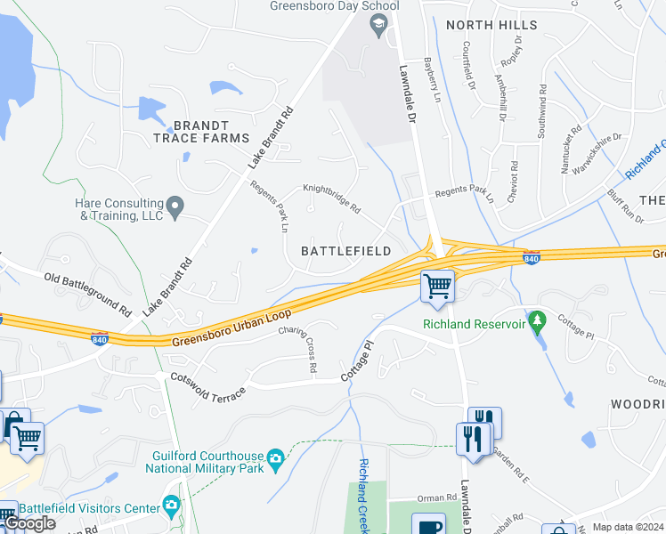 map of restaurants, bars, coffee shops, grocery stores, and more near 3404 Regents Park Lane in Greensboro