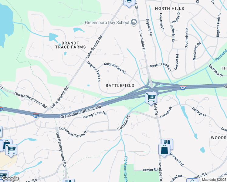 map of restaurants, bars, coffee shops, grocery stores, and more near 3406 Regents Park Lane in Greensboro