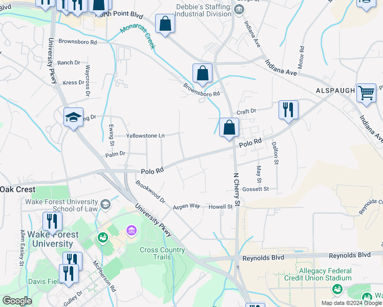 map of restaurants, bars, coffee shops, grocery stores, and more near 625 Polo Road in Winston-Salem