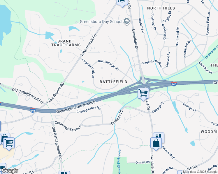 map of restaurants, bars, coffee shops, grocery stores, and more near 3404 Regents Park Lane in Greensboro