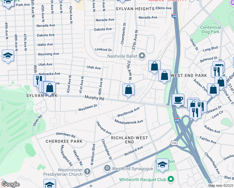 map of restaurants, bars, coffee shops, grocery stores, and more near 105 38th Avenue North in Nashville