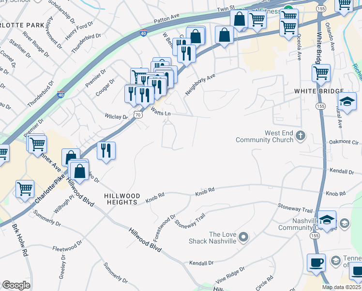 map of restaurants, bars, coffee shops, grocery stores, and more near 1230 Watts Terrace in Nashville