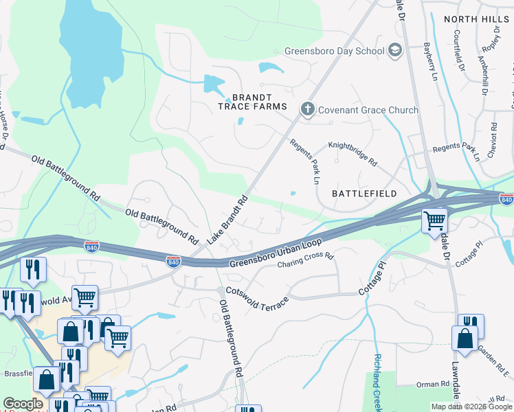 map of restaurants, bars, coffee shops, grocery stores, and more near 4214 Lake Brandt Road in Greensboro