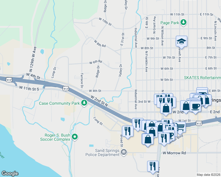 map of restaurants, bars, coffee shops, grocery stores, and more near 911 West 4th Street in Sand Springs
