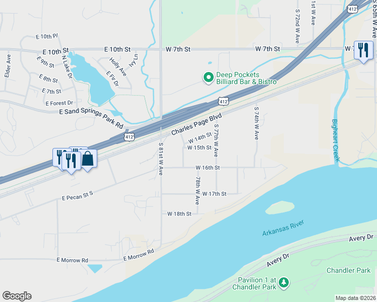 map of restaurants, bars, coffee shops, grocery stores, and more near 7754 West 15th Street in Tulsa
