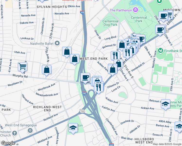 map of restaurants, bars, coffee shops, grocery stores, and more near 230 Fairmont Court in Nashville