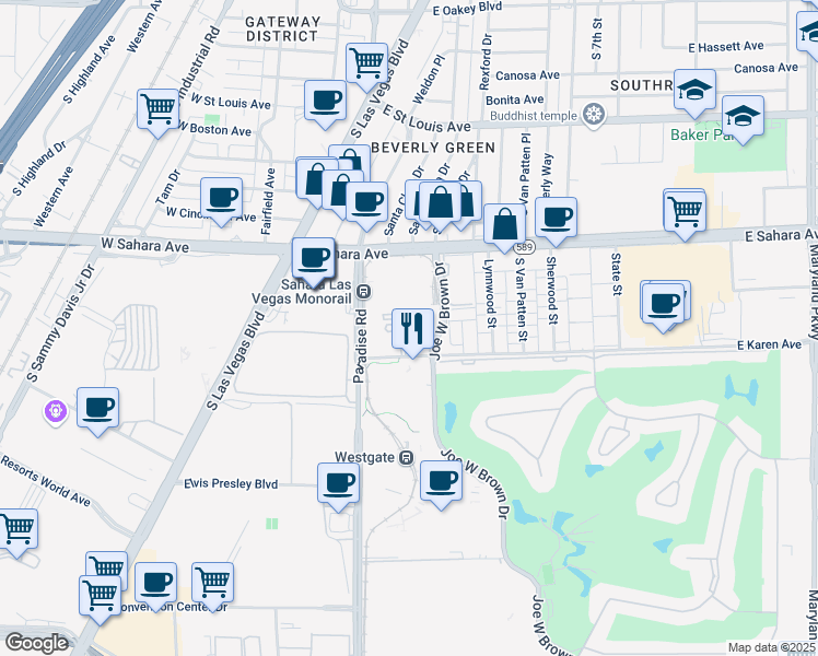 map of restaurants, bars, coffee shops, grocery stores, and more near 322 East Karen Avenue in Las Vegas